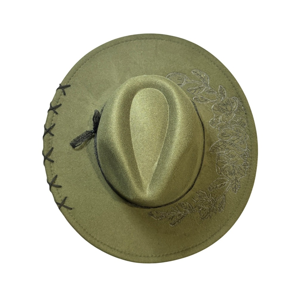 Olive Green Hand‎ Burned Butterfly Floral Wide Brim Fedora Hat